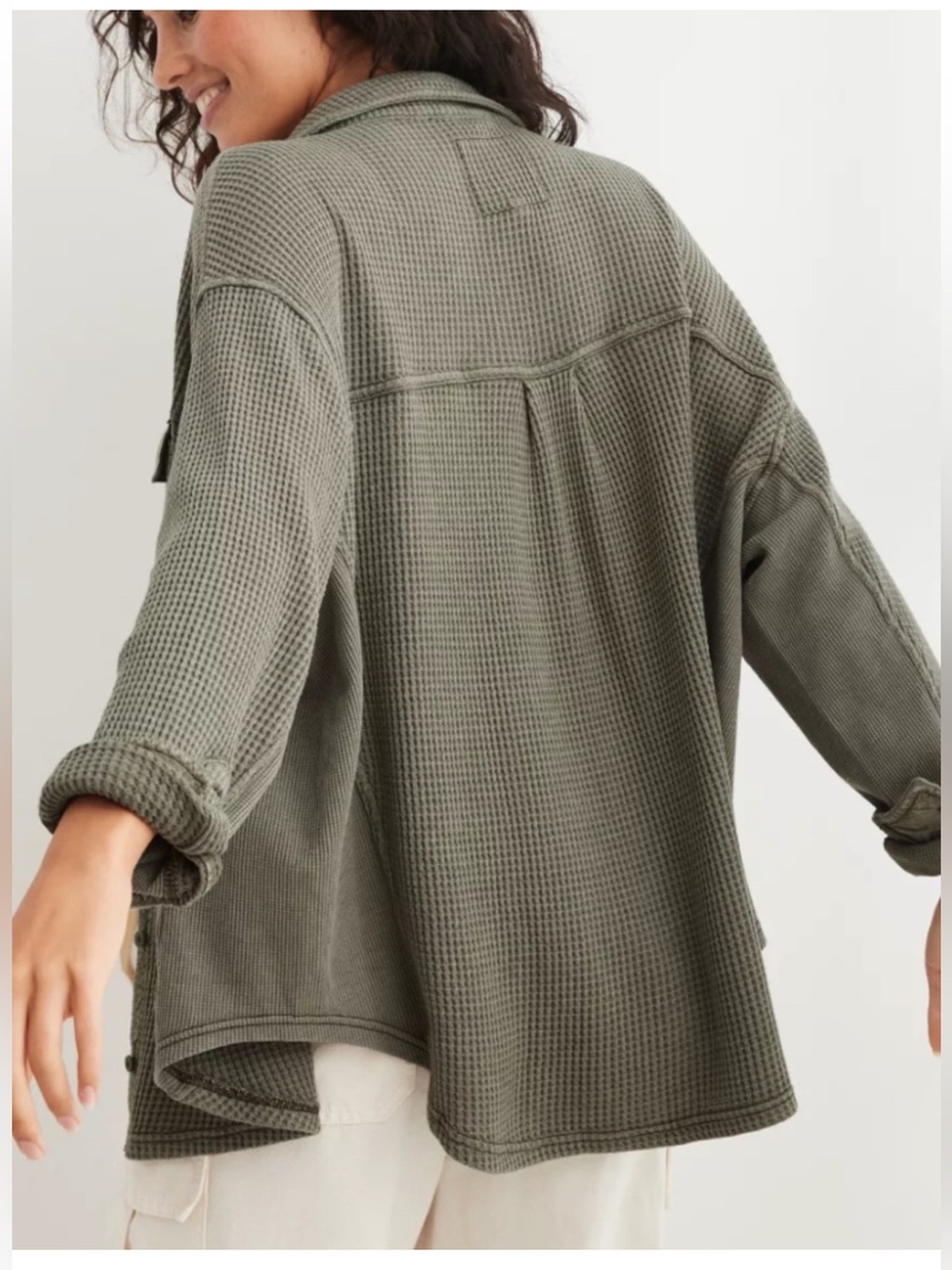 Aerie size M lumber Jane Olive Waffle-Knit Oversized Utility Shirt Jacket - Picture 3 of 10